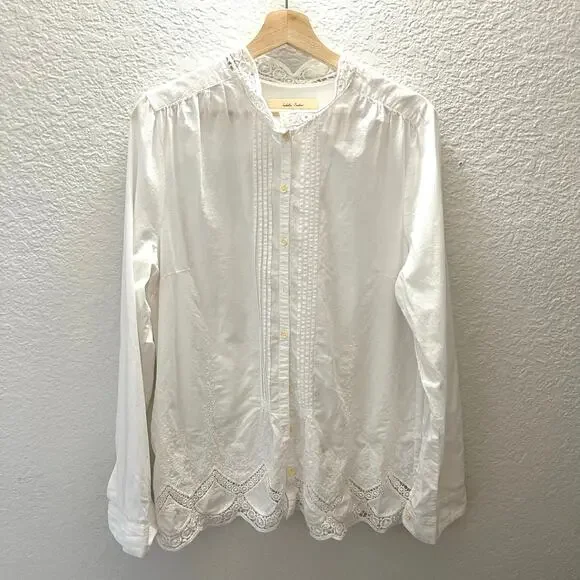 Anthropologie Isabella Sinclair White Embroidered Lace Blouse Button Up Boho M - Picture 3 of 11